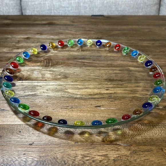 Gorgeous Lrg Glass Multi Color Beaded Embellished 13” Serving Tray Platter Plate - Picture 2 of 7